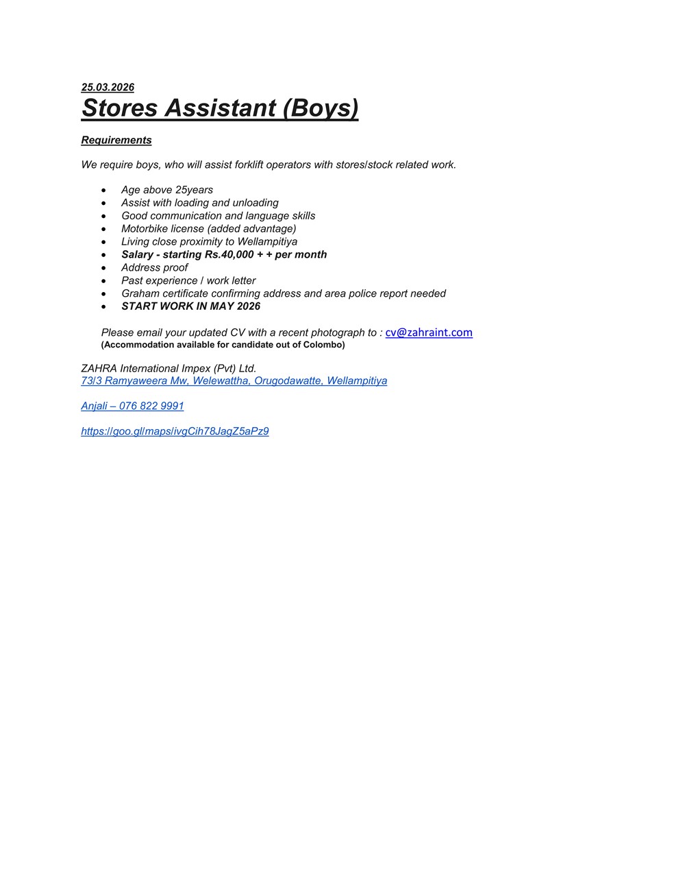 Zahra International Impex ( pvt) Ltd